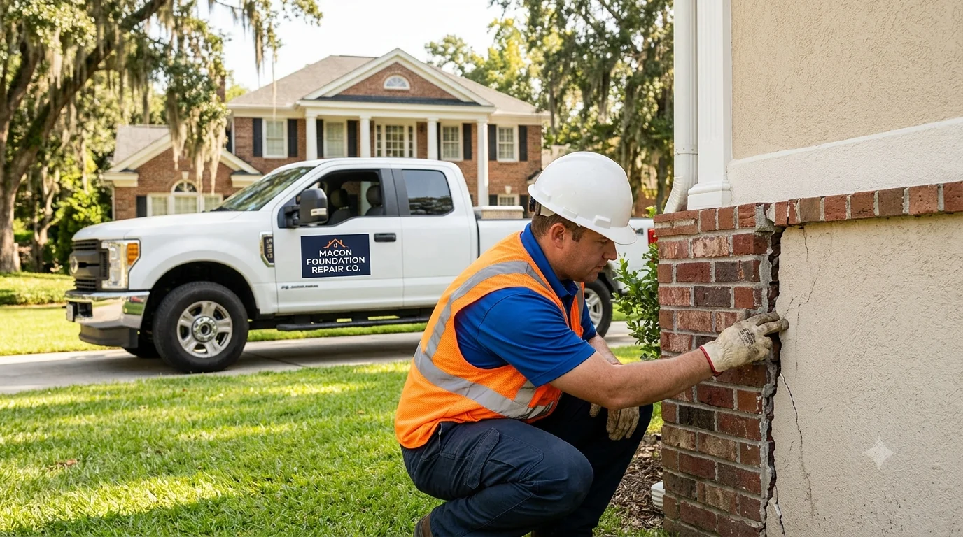 Foundation repair crew inspecting cracked foundation wall in Macon Georgia home